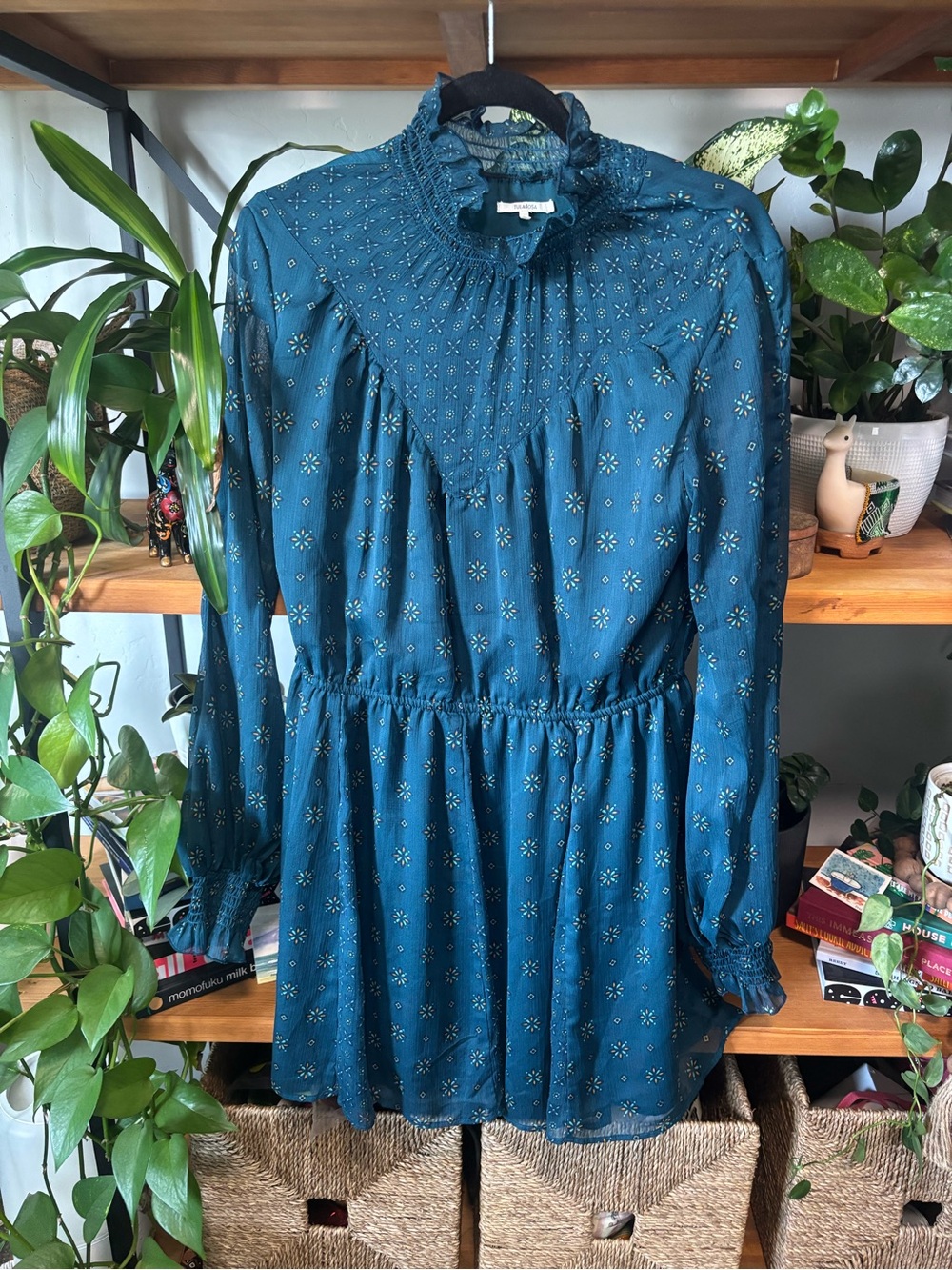 Tularosa Teal Floral High-Neck Long Sleeve Dress | Medium